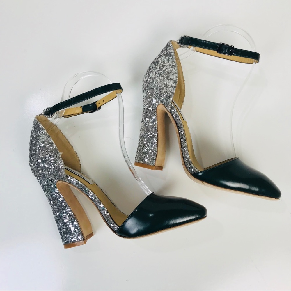 Anthropologie Vanessa Tao Dark Green Glitter Heels - SIZE 7